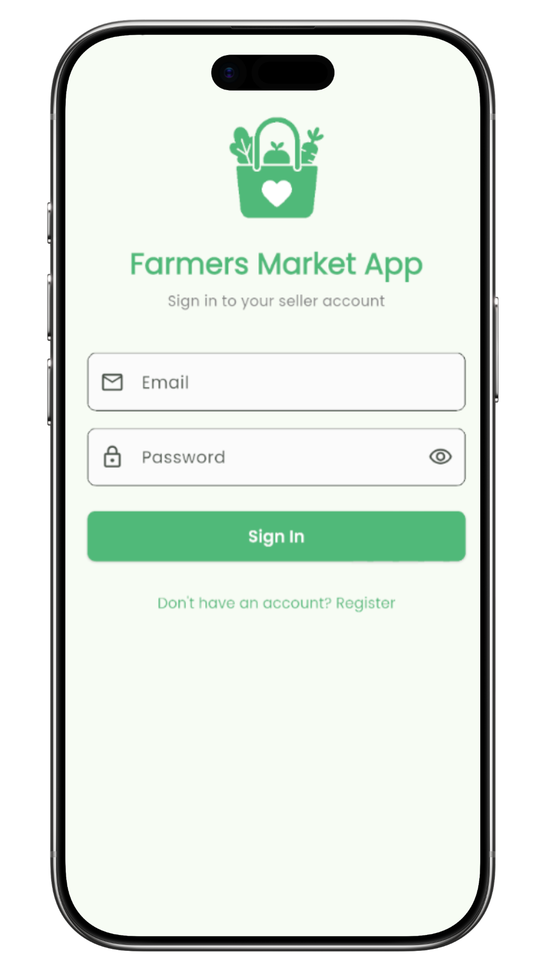 FarmersMarketApp login screen